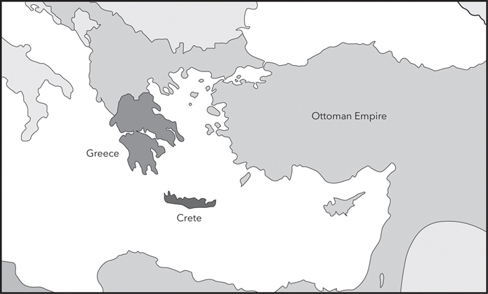 Figure 3.8. The map shows the geographic relationships between Greece, the Ottoman Empire, and Crete. Greece shares its northern border with the Ottoman Empire and extends into the Mediterranean Sea. The Ottoman Empire is much larger than Greece and surrounds much of the Mediterranean Sea. Crete is a small island nation in the Mediterranean Sea. The island is to the south of, and roughly equidistant from, the closest parts of Greece and the Ottoman Empire.