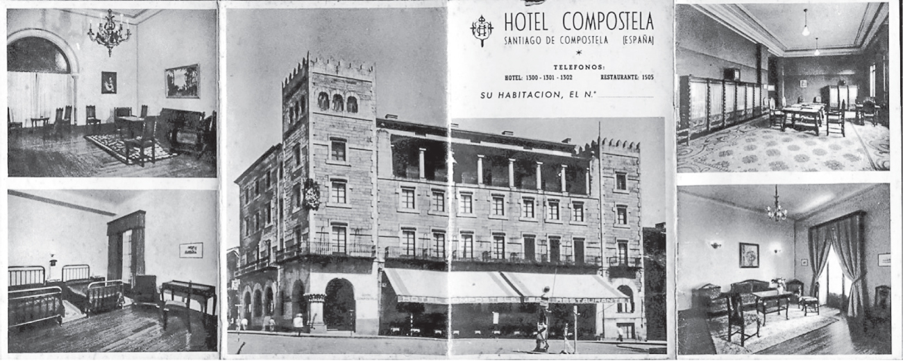 A panel of five images of the Hotel Compostela. The large center picture is of the building, and four smaller pictures on the left and right are of hotel rooms and public rooms.