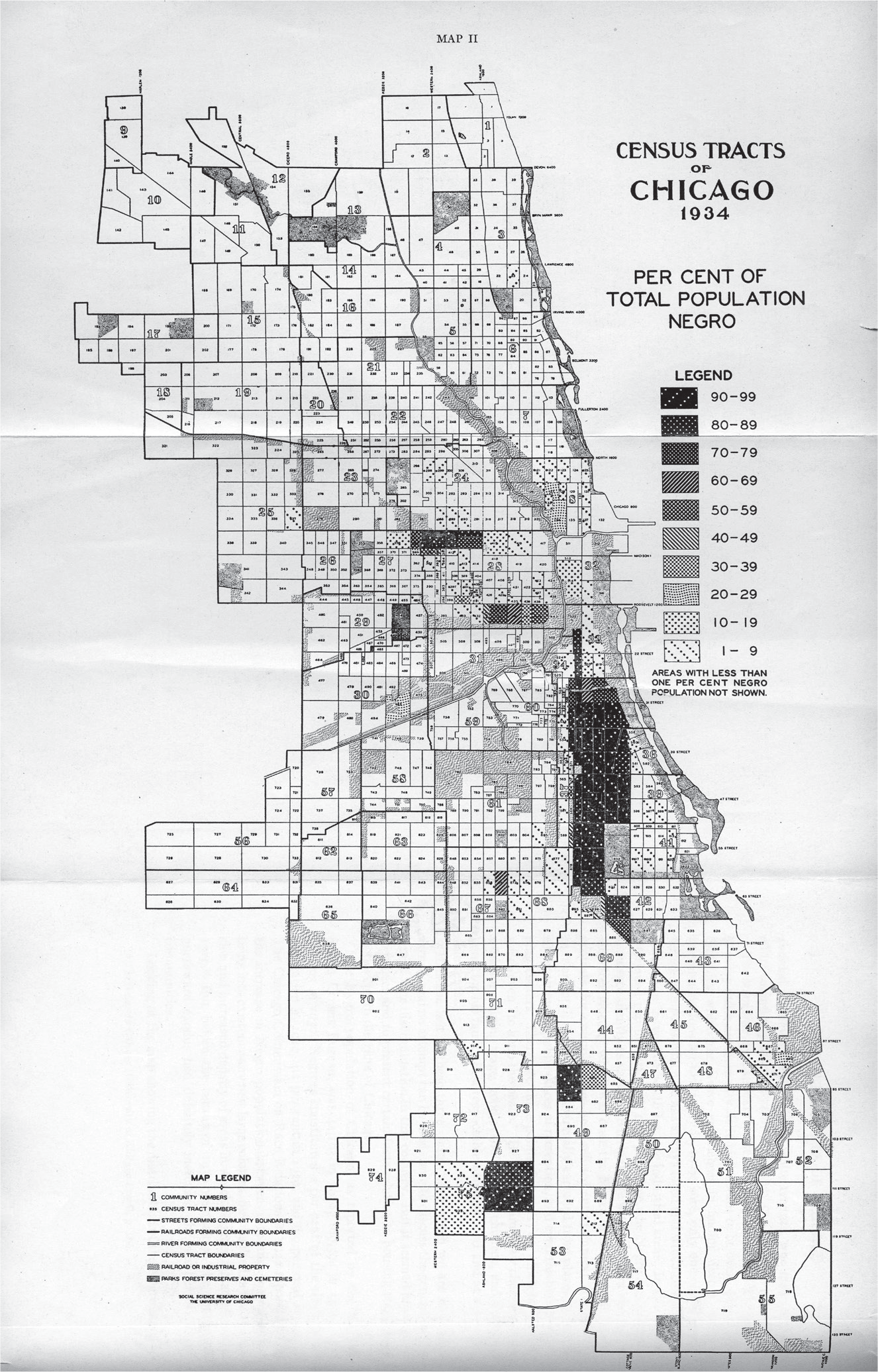 Figure 3.6: A map of Chicago’s Black population in the 1930s, which shows clearly how that population was concentrated in the southern area known as Bronzeville.
