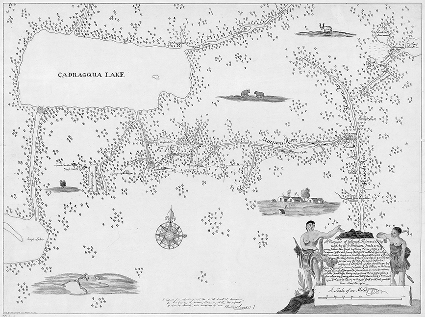 The map shows Colonel Römer's path up the Hudson River and Mohawk River to Haudenosaunee villages. Römer locates eastern villages and outlines his route, but the map provides less detail in western territories because Römer did not visit those communities. Römer hints at his frustrations in the cartouche text.