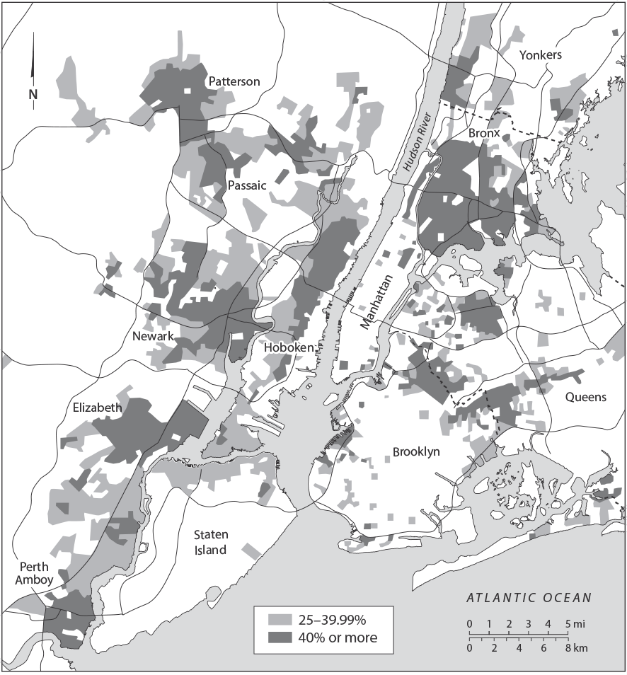 Figure 7.6: A map showing concentrations of Latinx population in Northern New Jersey in 2018. By 2018, the Latinx population had spread to the suburban areas between the central cities.