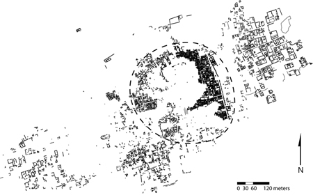 Figure 2.3. Map of an ancient settlement with the excavation area surrounded with a large dotted line in the center.