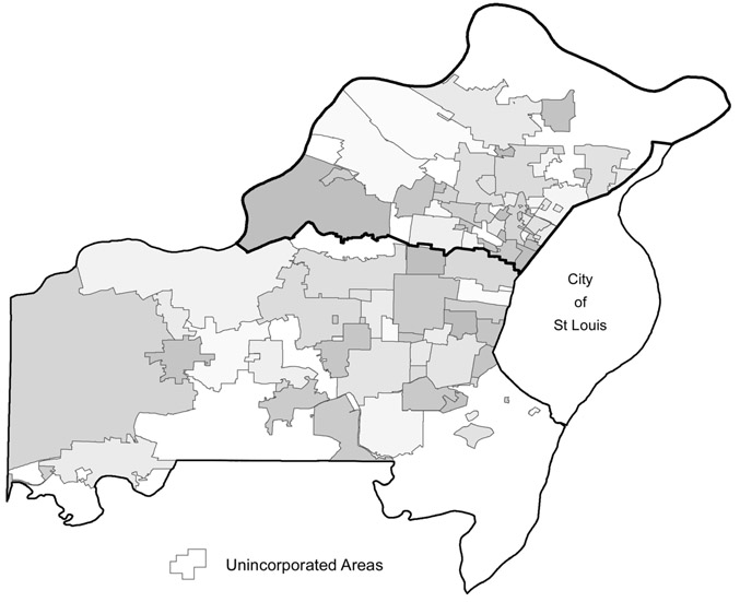 MAP 2.2 Municipalities of St. Louis County, Missouri as of 2018. The area known as North St. Louis County is outlined in bold. Source: US Census, 2013–17 American Community Survey. TIGER/Line shape files prepared by the US Census Bureau, 2018. Map by Alexis Sheehy.