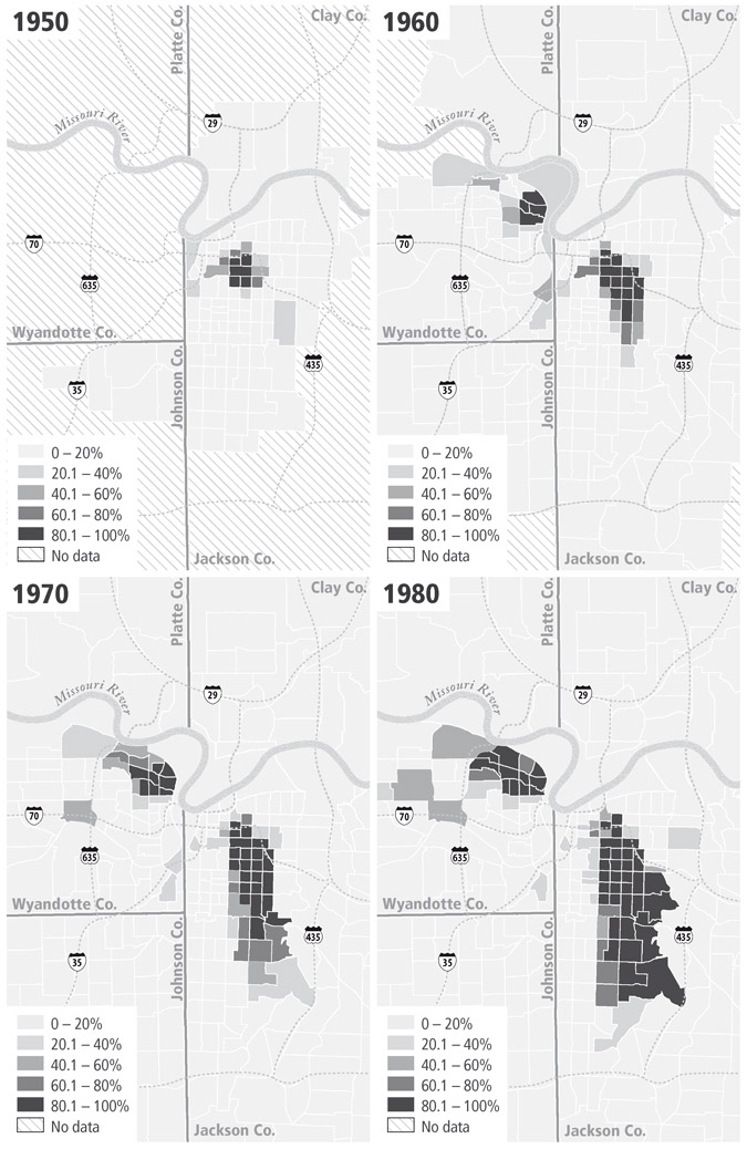 MAPS 2.3–2.6 Growth of metropolitan Kansas City’s African American population, 1950–1980 (census tract data)