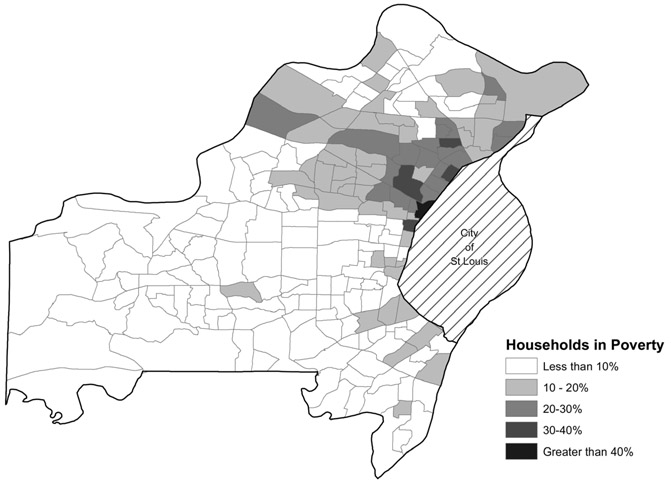 MAP 2.5 St. Louis County, poverty rate. Source: US Census, 2013–17 American Community Survey. (See note, map 2.1) TIGER/Line shape files prepared by the US Census Bureau, 2018. Map by Alexis Sheehy.