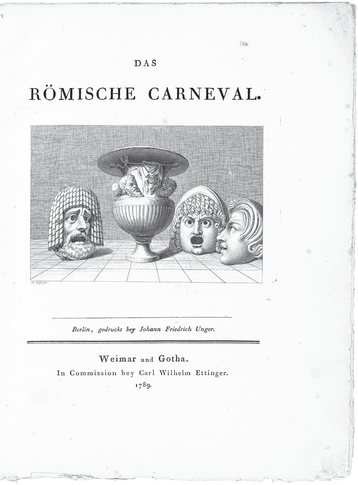 Figure 2.3. A vignette on a book title page that depicts a container amid several theater masks upon an abstract, grid-like ground.
