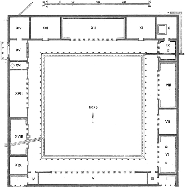 Architectural plan showing an open square area in the center that is surrounded by a walkway and numbered rooms on all four sides.
