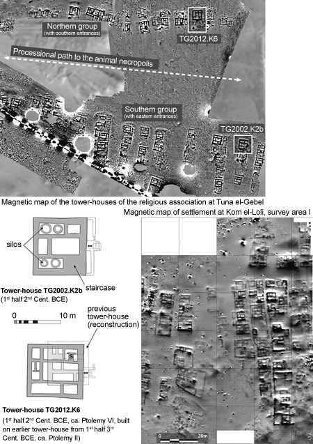 Figure 3.5. A set of panels with geomagnetic maps of settlement areas (top and bottom right) and two examples of tower house foundations at Tuna el-Gebel, Middle Egypt (bottom left).