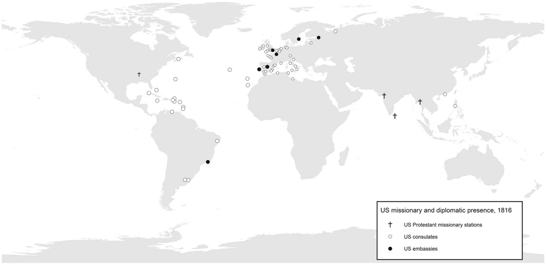 Figure I.1. A map of the world showing the locations of Protestant missions, US consulates, and US embassies in 1816. There are only a few locations for each group, with missions tending to be in South Asia and the consulates and embassies concentrating in Europe and Latin America.