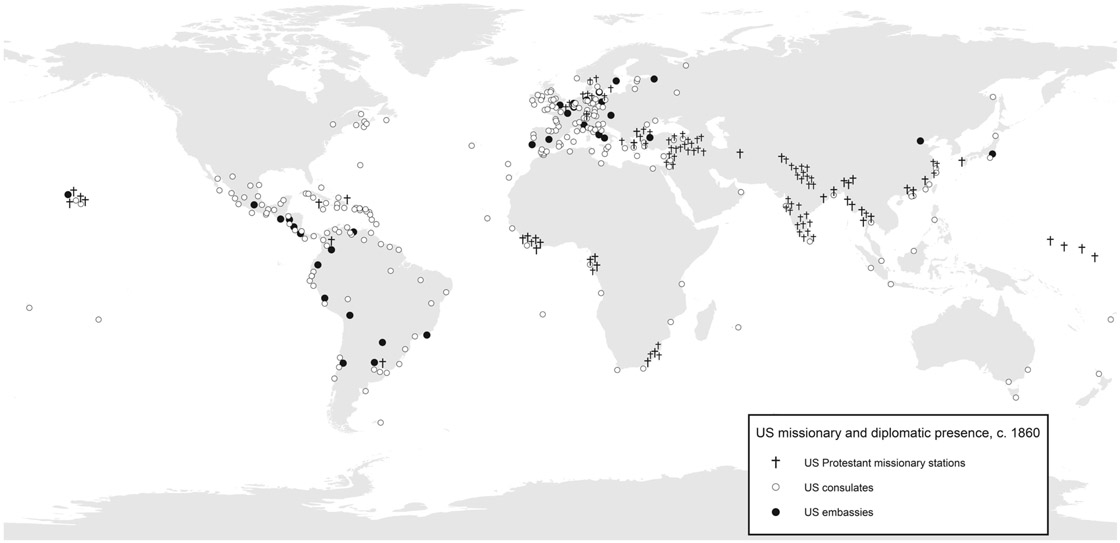 Figure II.1. A map of the world showing the locations of Protestant missions, US consulates, and US embassies, circa 1860. There are far more missionary and diplomatic sites present than in the 1830 map, though they continue to generally operate in distinctive realms. Some areas of overlapping interest are China and the eastern Mediterranean.