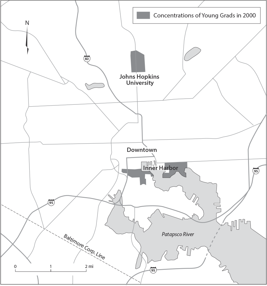 Figure 7.1: A map of areas in Baltimore with concentrations of young grads in 2000, showing only three small areas, two near the Inner Harbor and one adjacent to Johns Hopkins University.