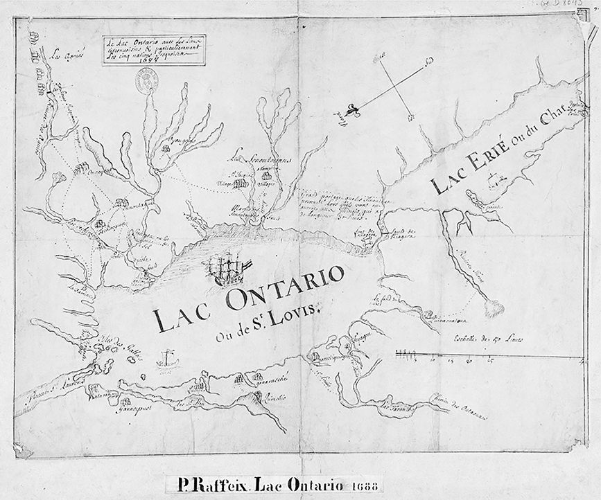 Map centering Lake Ontario with north toward the lower left corner of the image. The view of Haudenosaunee homelands locates multiple villages on the south side of the lake and several villages along the north shore. Map also outlines footpaths that connect the villages.