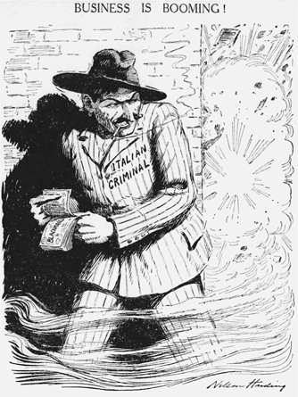 Figure 6.6. A newspaper cartoon depicts a sinister-looking Italian criminal counting blackmail money while delighting in an explosion around the corner.