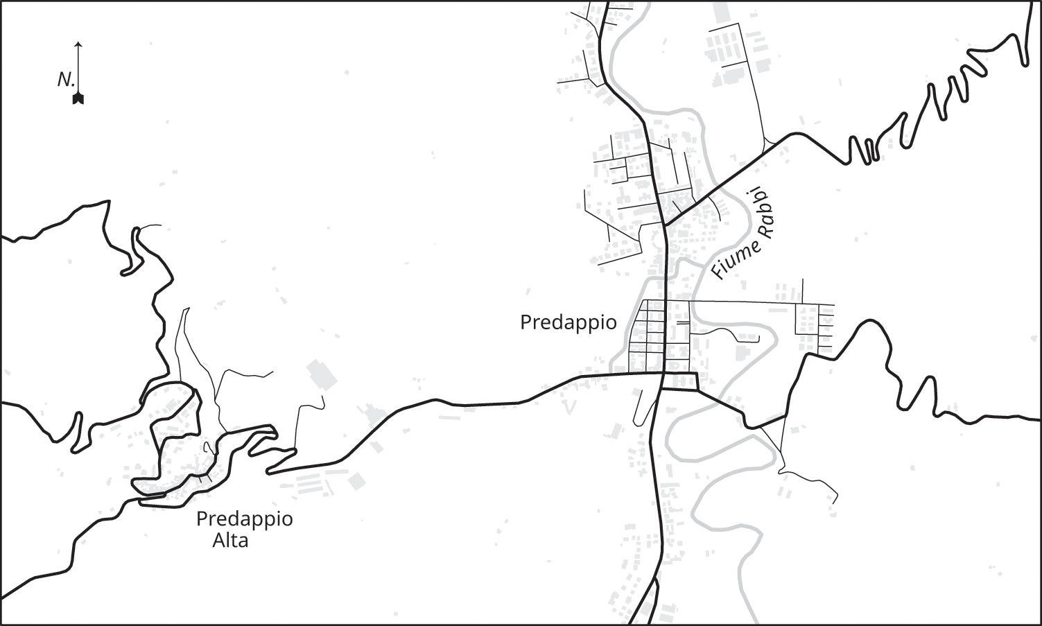 Map 1. A regional map that includes Predappio (right), which shows the town’s size—only one main street—and that it is built on a classic grid plan, unusually for towns in this area. Predappio Alta is on the left side of the map.