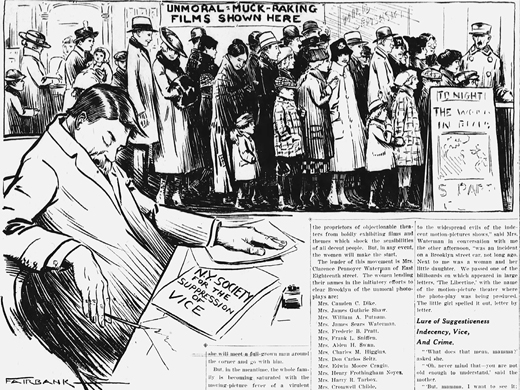 Figure 7.6. In a 1917 newspaper drawing, adults and children line up to enter a movie theater next to a sign reading “unmoral muck-raking films shown her.” In front of the group a man sleeps at a desk. A paper on the desk identifies him as a member of the New York Society for the Suppression of Vice.