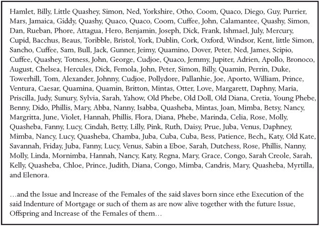 Figure 11. A list of more than two hundred names of enslaved people on the Friendship Indenture, along with a note at the bottom that reads “and the Issue and Increase of the Females of the said slaves born since the Execution of the said Indenture of Mortgage or such of them as are now alive together with the future Issue, Offspring and Increase of the Females of them . . .”