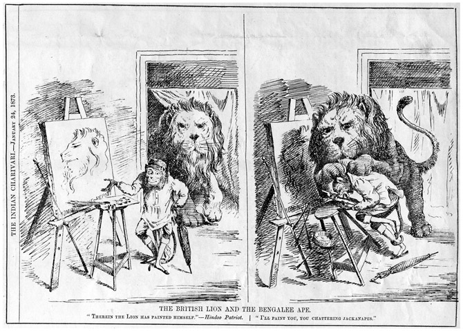 FIGURE 2.9 / “The British Lion and the Bengalee Ape” from Indian Charivari, January 24, 1873, 66. Asia Pacific and Africa Holdings, British Library. Shelfmark SW 238, © British Library Board.