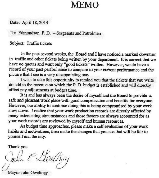 FIGURE 3.1 Letter from the mayor of Edmundson, April, 18, 2014. St. Louis Post-Dispatch.