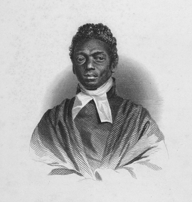 The seated Pennington sits very upright in this portrait, and wears his dark, sumptuous ministerial robes with a firm, quiet pride. The darkness of his skin and hair strike a bright contrast with the plain white background of this etching and the vivid pallor of his neck scarf, drawn high under his chin.