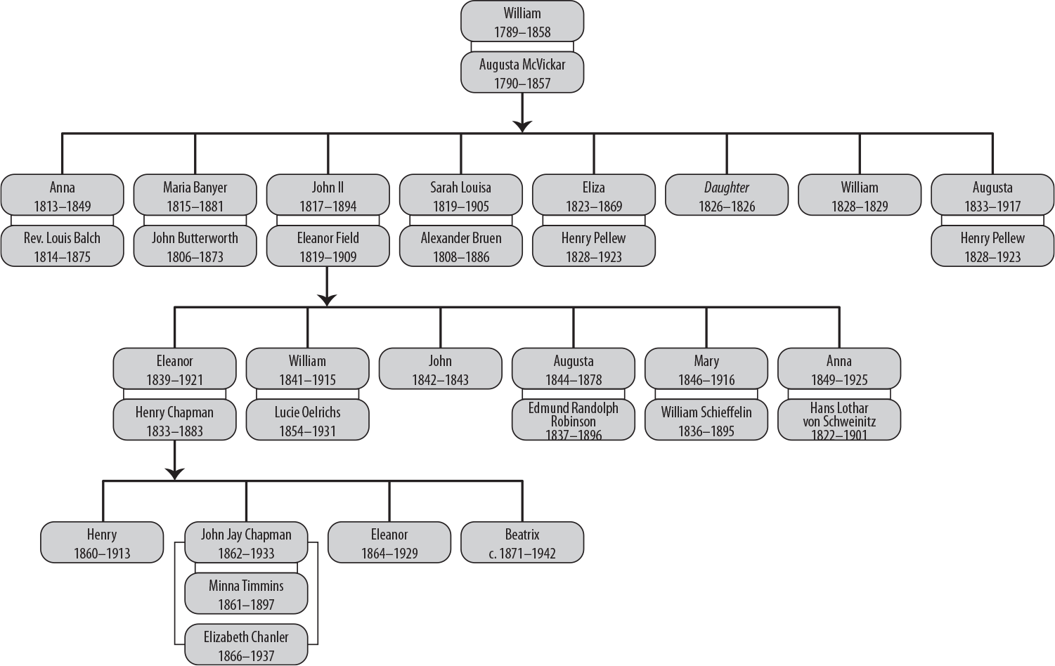 The second half of the chart emphasizes the families of William Jay and his wife Augusta McVickar and that of their son John Jay II and his wife Eleanor Field. The tree descends to encompass writer and reformer John Jay Chapman.