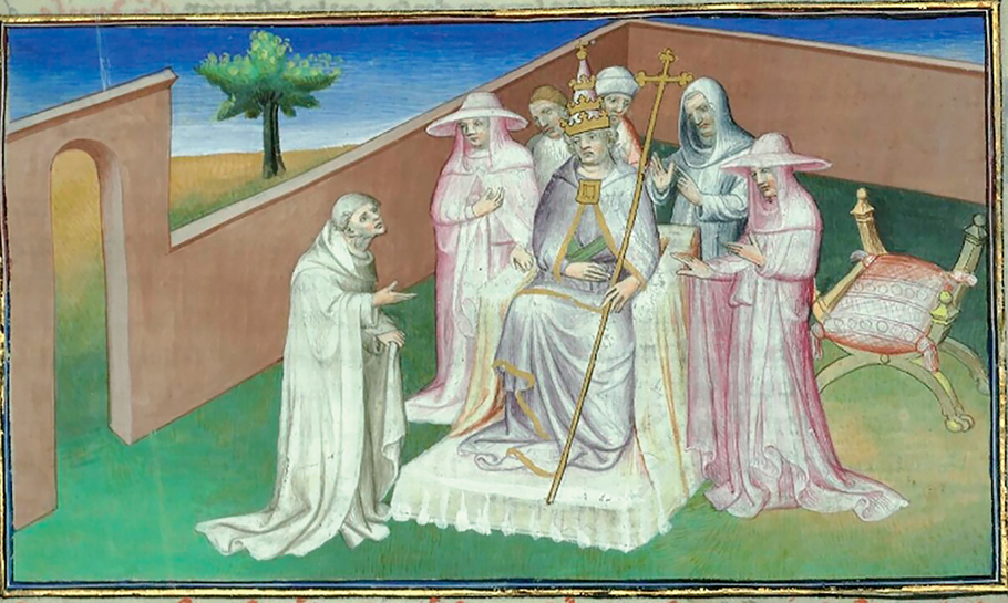 Figure 19. Inside a courtyard surrounded by brown walls. On the left, a man in a white robe (Hayton) stands before a seated pope (Clement V) who wears a miter and holds a golden staff topped with a cross. Five men stand around the pope. A faldstool with a red cushion is to the right.