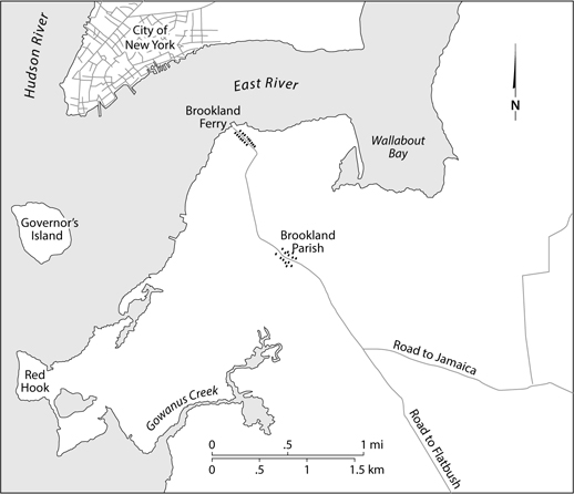 Figure 1.1. A 1767 map contrasts densely populated lower Manhattan with sparsely populated Brooklyn, with its embryonic village at an East River ferry landing and an even smaller cluster of houses surrounding the Dutch Reformed Church a mile inland from the ferry.