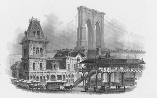 Figure 4.2. This late-nineteenth-century engraving shows the convergence of four of the most important components of Brooklyn’s transportation system. The east tower of the Brooklyn Bridge rises behind the Fulton Ferry terminal building. Alongside and in front of the terminal is an array of horse cars waiting for ferry passengers. And in the foreground is the terminus of the elevated railroad.