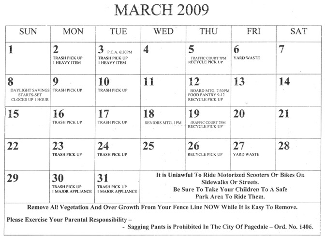 FIGURE 5.2 Page from the City of Pagedale calendar. Each month features different city ordinances and reminders concerning property and behavior. Collection of the author.