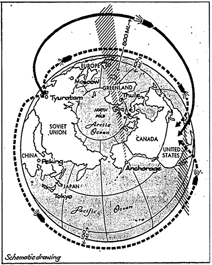 A drawing of the globe from the northern pole, with dashed and dotted lines showing rocket paths.