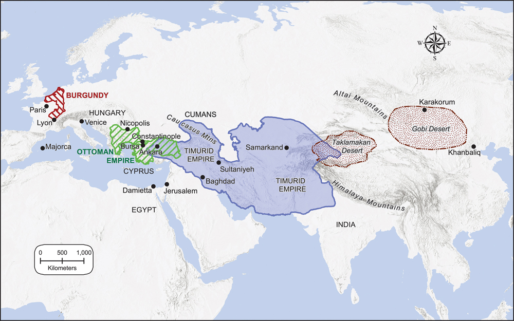 Map 2. A map of Eurasia and northern Africa. Labels for Paris, Lyon, Majorca, Venice, Hungary, Nicopolis, Constantinople, Bursa, Ankara, Cyprus, Damietta, Egypt, Jerusalem, Baghdad, Sultaniyeh, Caucasus Mountains, Cumans, India, Himalaya Mountains, Altai Mountains, Karakorum, Khanbaliq. Colored and patterned regions indicate the duchy of Burgundy, the Ottoman Empire, the Timurid Empire, the Taklamakan Desert, and the Gobi Desert.