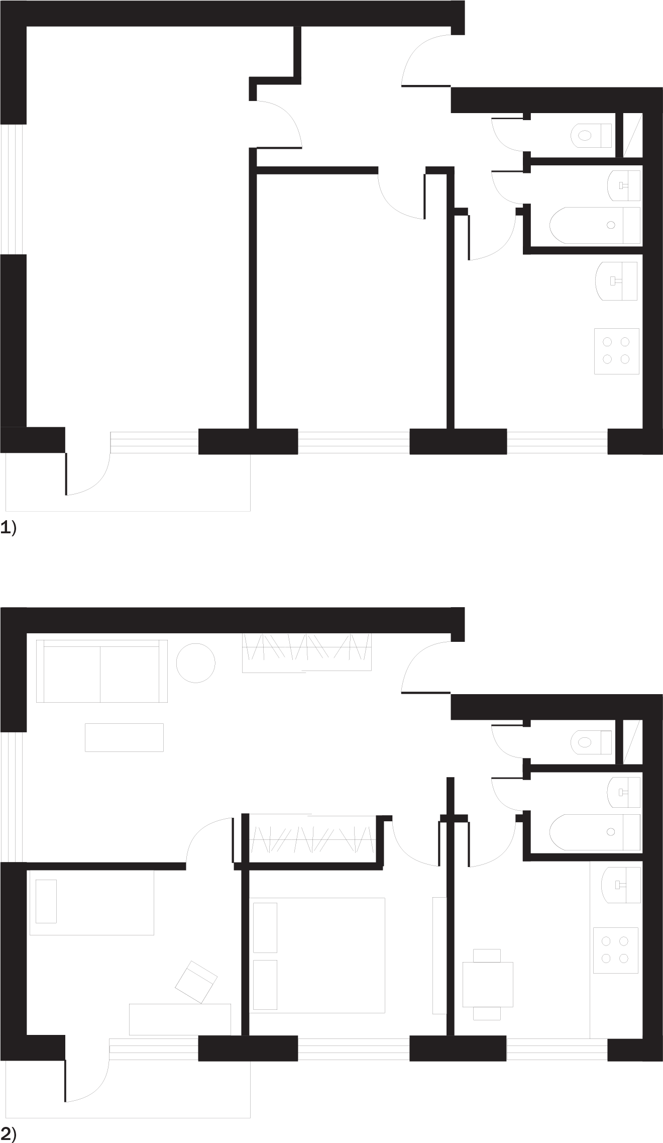 A plan of a two-room apartment before remodeling and replanning and two post-replanning options.