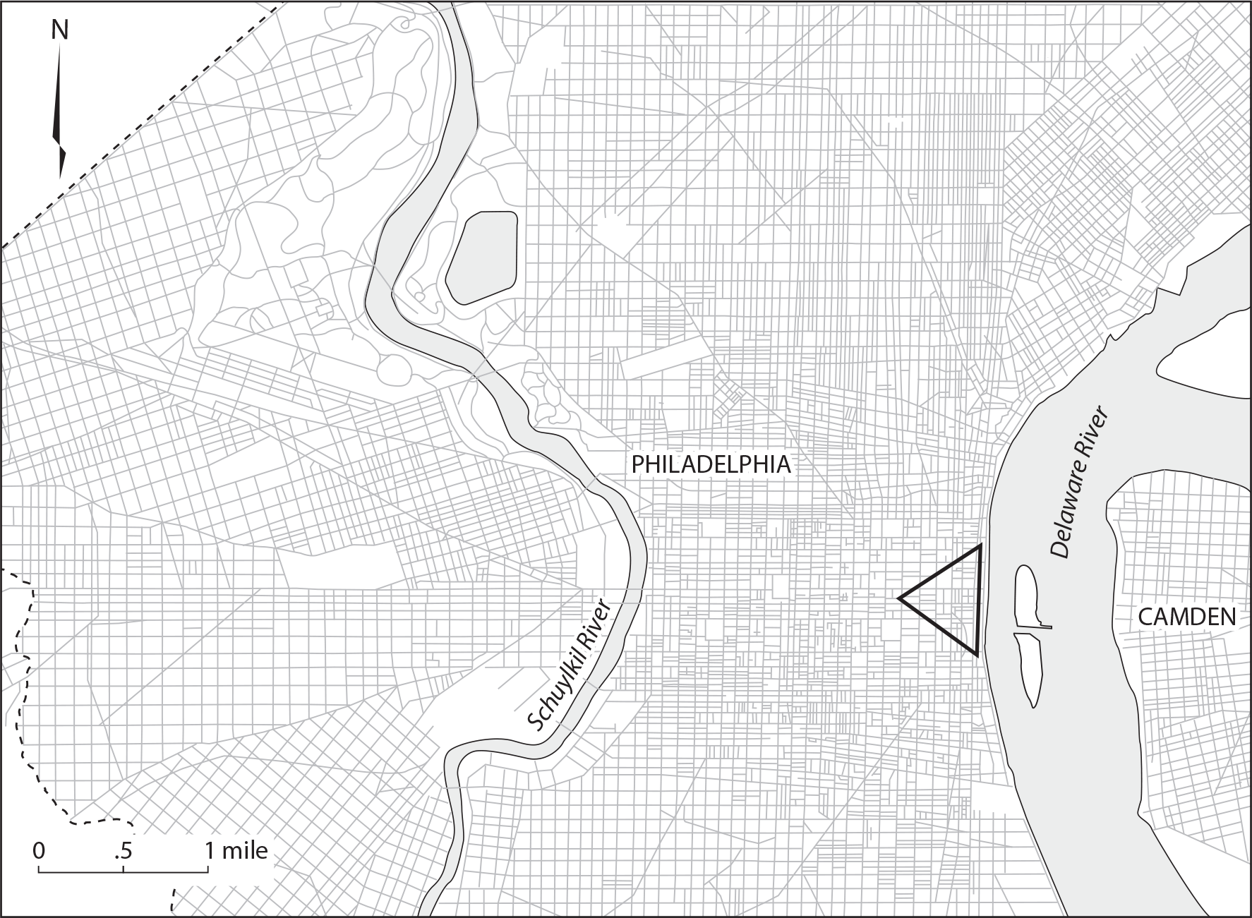 Figure 3.3: A map of Philadelphia in 1876. A tiny triangle at the edge of the map shows the extent of urban settlement in 1776 in the context of the city’s expansion over the subsequent century.