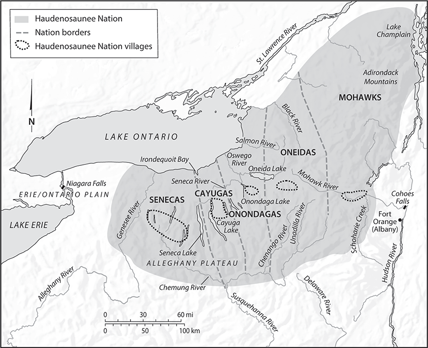 Image outlines the geographic extent of Haudenosaunee homelands and approximate village locations in the 1630s. Most families located their villages near critical waterways and within environments that enhanced natural protections. Map by Bill Nelson.