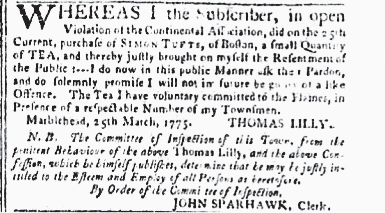 A newspaper notice in which a colonist apologizes for buying tea.