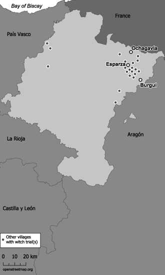 Map 3. This map identifies villages in which witch trials occurred concentrated in the northeast of Navarra, especially surrounding the villages of Burgui, Esparza, and Ochagavía.
