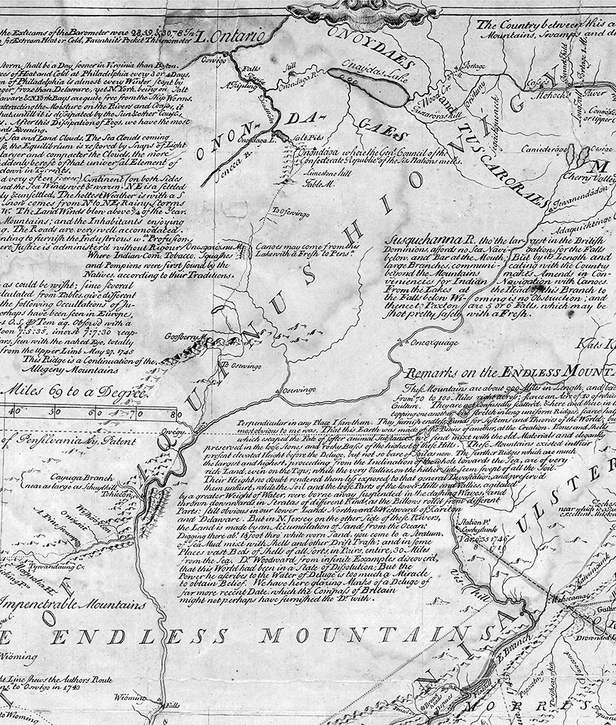 Enlarged section of Lewis Evans's 1749 map of Pennsylvania with Wyoming at the bottom along the Susquehanna River. Ganatocheracht, due north of Wyoming, is located along the Cayuga Branch of the Susquehanna River, flowing from the west. Evans also marks the route to the main Onondaga community at the top of the image.