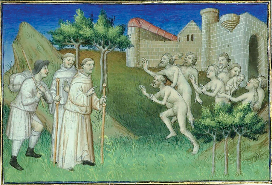 Figure 21. A landscape with trees and a stone fortress in the background. On the left are two monks in white robes with staffs, and a man wearing a hat and holding a staff attached to a bundle over his shoulder. On the right, a group of nine naked people comes toward them. These are cannibals; one of the naked men bites the neck of a baby.