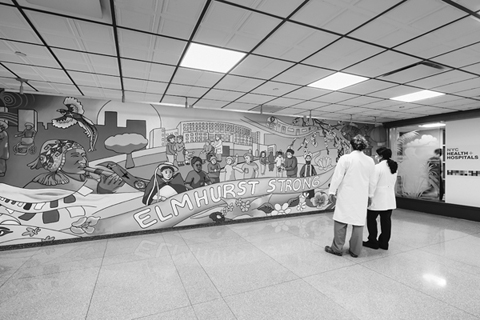 Figure 29. An indoor mural titled Elmhurst Strong depicts patients, local residents, health care professionals, and the 7 train.