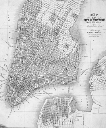Figure 2.1. An 1834 map depicts the built-up portions of New York City, Brooklyn, and Williamsburgh, emphasizing the different sizes of each. The small village of Williamsburgh is located on the north side of the East River’s Wallabout Bay, across the river from Manhattan, and more than a mile northeast of Brooklyn.