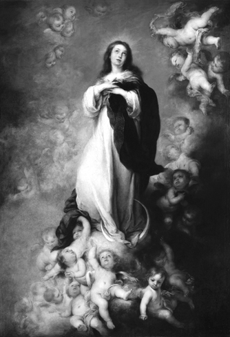 A baroque-style painting of the Virgin Mary in white, with a dark cape and her hair uncovered, being conveyed toward the heavens by a crowd of cherubs.