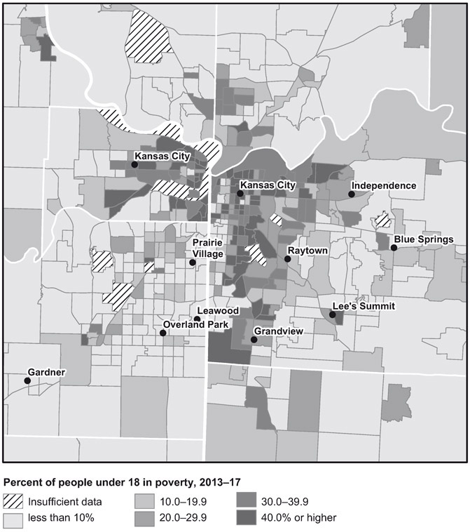 Percent of people under 18 in poverty, 2013–17 Source: U.S. Census Bureau, 2013–2017 American Community Survey. MAP E.2 Metropolitan Kansas City, children below the poverty level, 2013–2017 census tract averages (American Community Survey)
