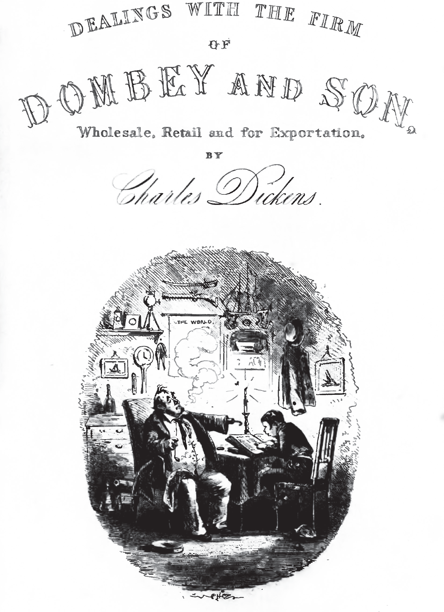 Figure 9: Captain Cuttle sits in a chair across from Rob and points through the center of the illustration with his hook on his left hand and a smoking pipe in his right hand.