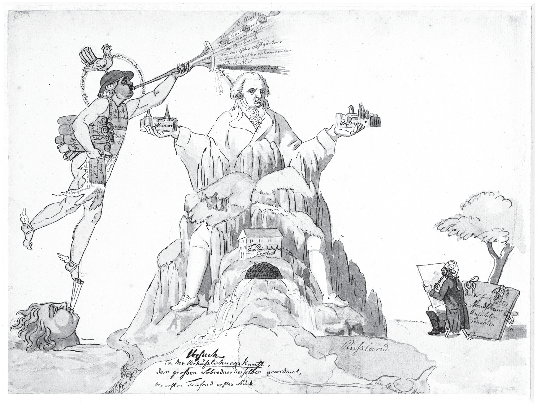 Figure 3.2. A satirical drawing of Bertuch sitting on top of a mountain with Böttiger on his left as the messenger god Mercury, carrying multiple journals under his arm, and Kraus in the background at the right, with an easel under a tree.
