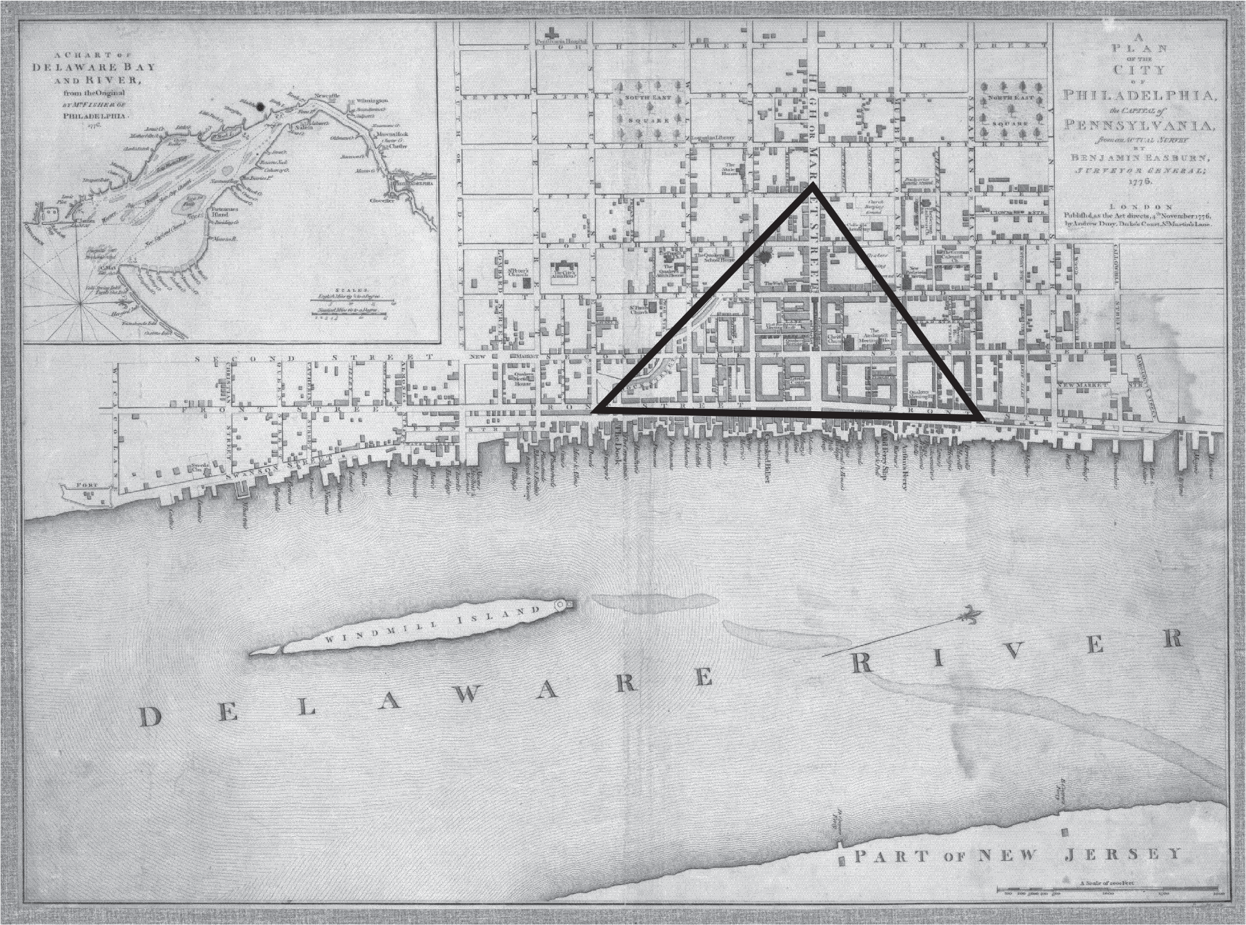 Figure 3.1: A map of Philadelphia in 1776, with an overlay showing the extent of urban settlement