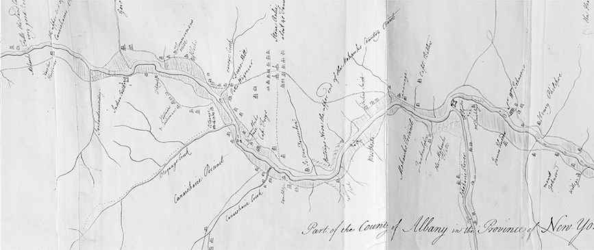 The map focuses on sheet one of four, and shows Fort Hunter and Tiononderoge, near the mouth of Schoharie Creek at the right. All along the Mohawk River, on the north and south sides, and along the banks of feeder creeks, colonists constructed homes and farmsteads in between Mohawk villages. The image extends to the west beyond the western Mohawk community of Canajoharie, marked as Indian Castle.