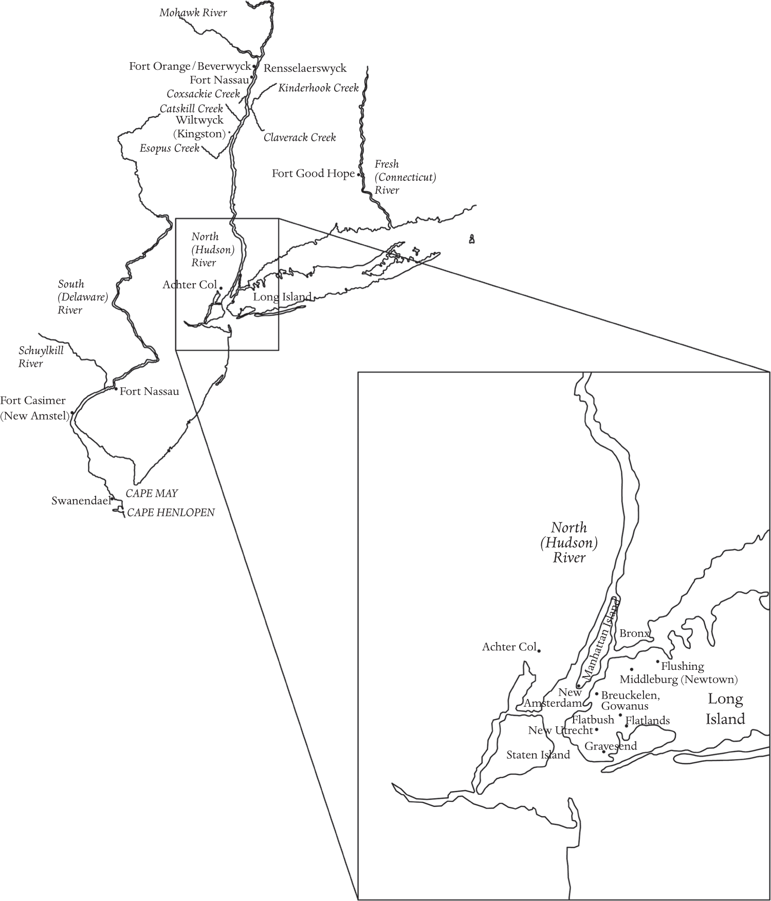 A map of New Netherland that details the Dutch settlements. The area of the lower Hudson region is zoomed in to show Dutch settlements in this area.