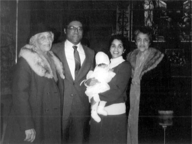 Figure 12 / Tom’s mother, Tom, Evonne, Addie, and Addie’s mother (left to right) at Evonne’s baptism, December 1982