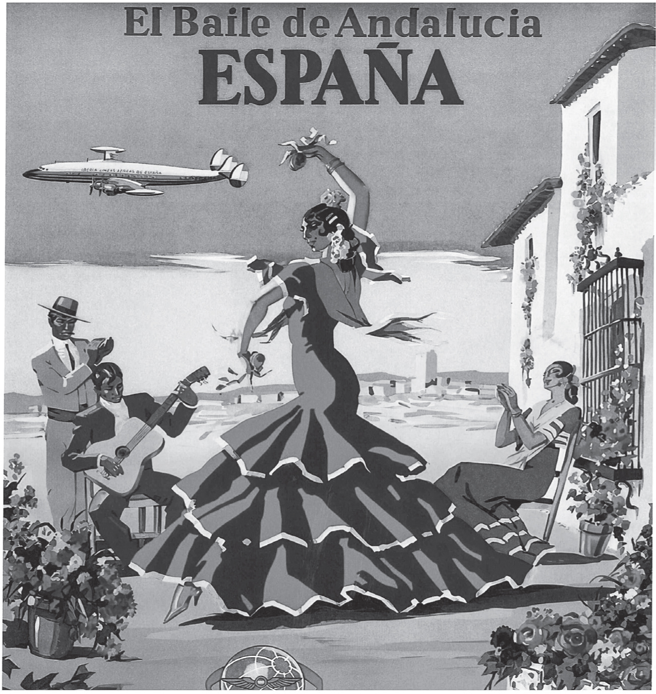 A poster of a Spanish woman in traditional clothing dancing, with musicians on the left, a woman clapping on the right, and a plane in the distance. They are in a courtyard in front of a traditional Spanish building, and in the distance the sea is on the left and a small town is on the right.
