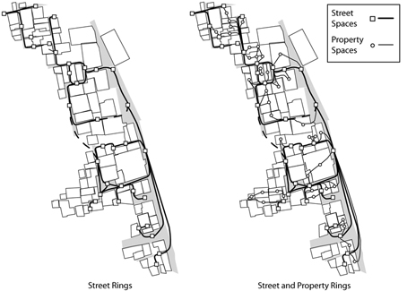 Figure 2.7. Two panels showing simplified access plans of the Karanis street systems. At left, the network created by the official public street system. To the right, the same street network supplemented by routes that go through private properties to create additional access rings.