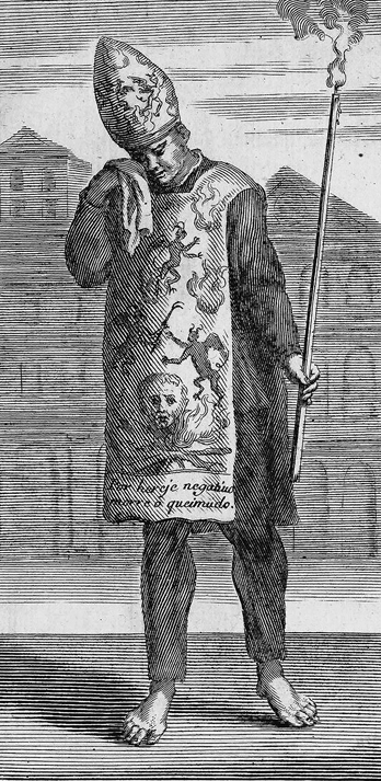 Figure 5.2. A man condemned by the Inquisition for heresy wears a miter and penitential smock decorated in flames. He holds his head down as he cries into a handkerchief in one hand and holds a tall candle in another.